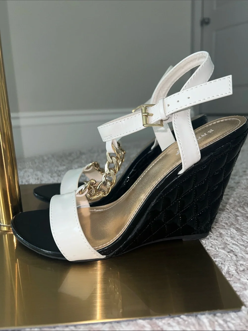 New White Chain-Accent Wedge Sandals - Women